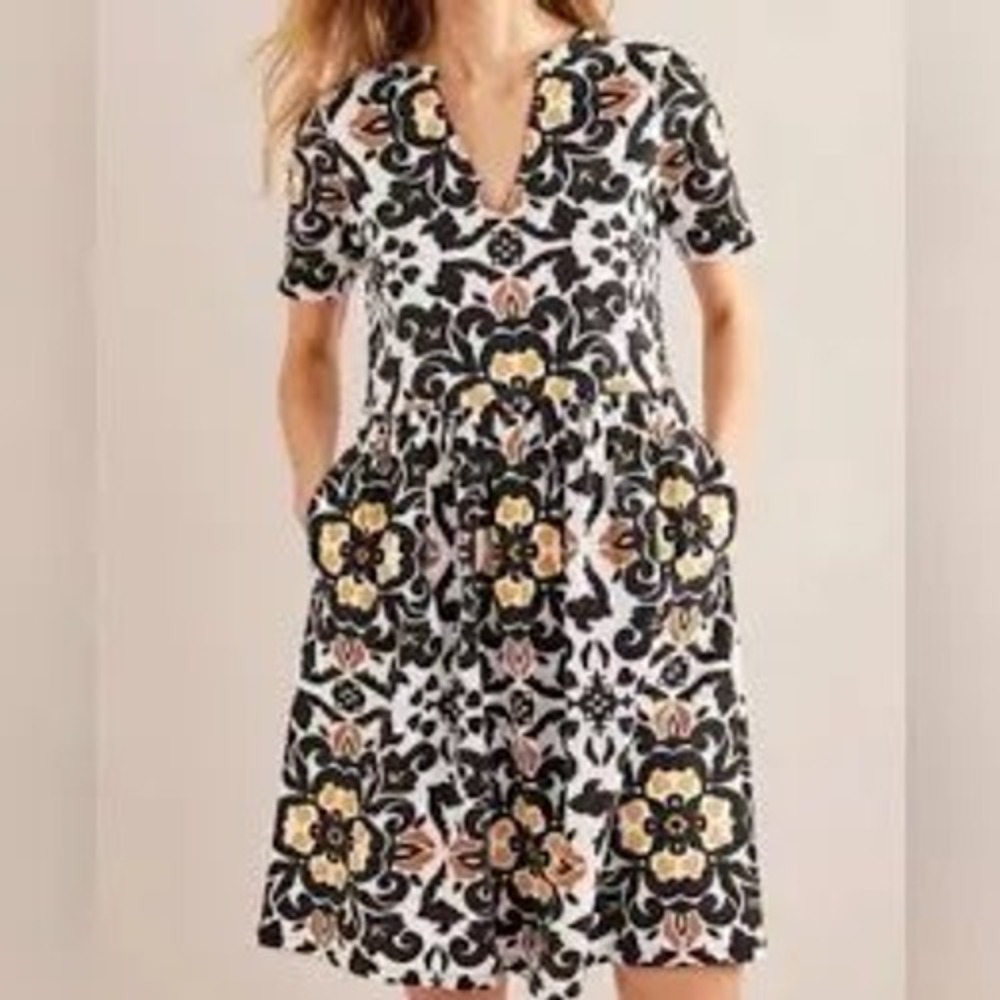 Boden Women Black Yellow Damask Print Cotton V-Neck Short Sleeve Dress Size 8R